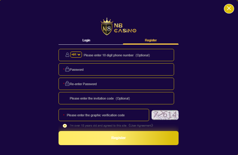 Regsitration form on N8 Casino website
